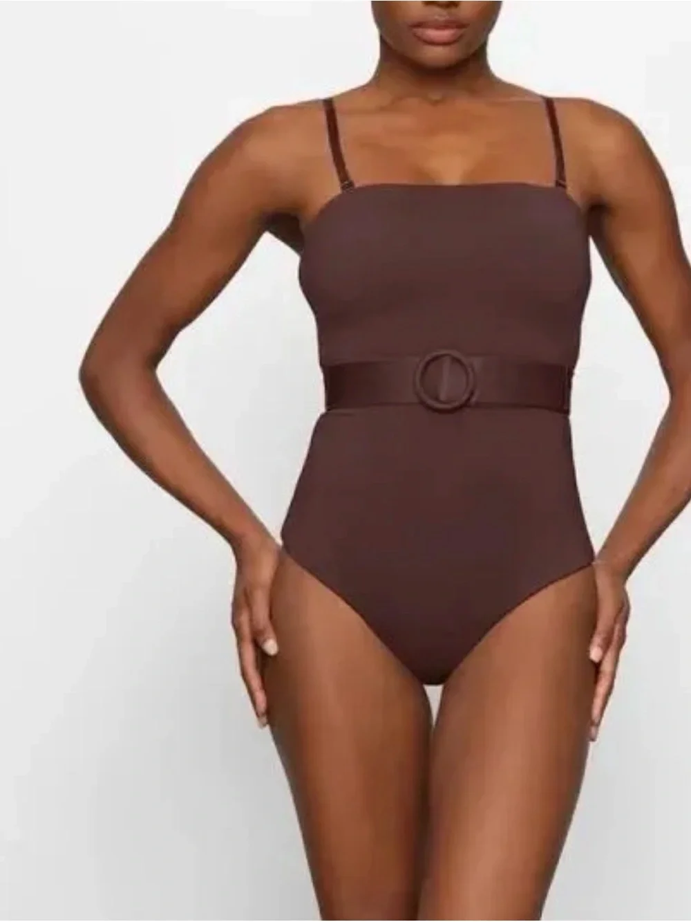 SKIMS Sculpting Swim One Piece Swimsuit With Belt Brown COCOA NEW